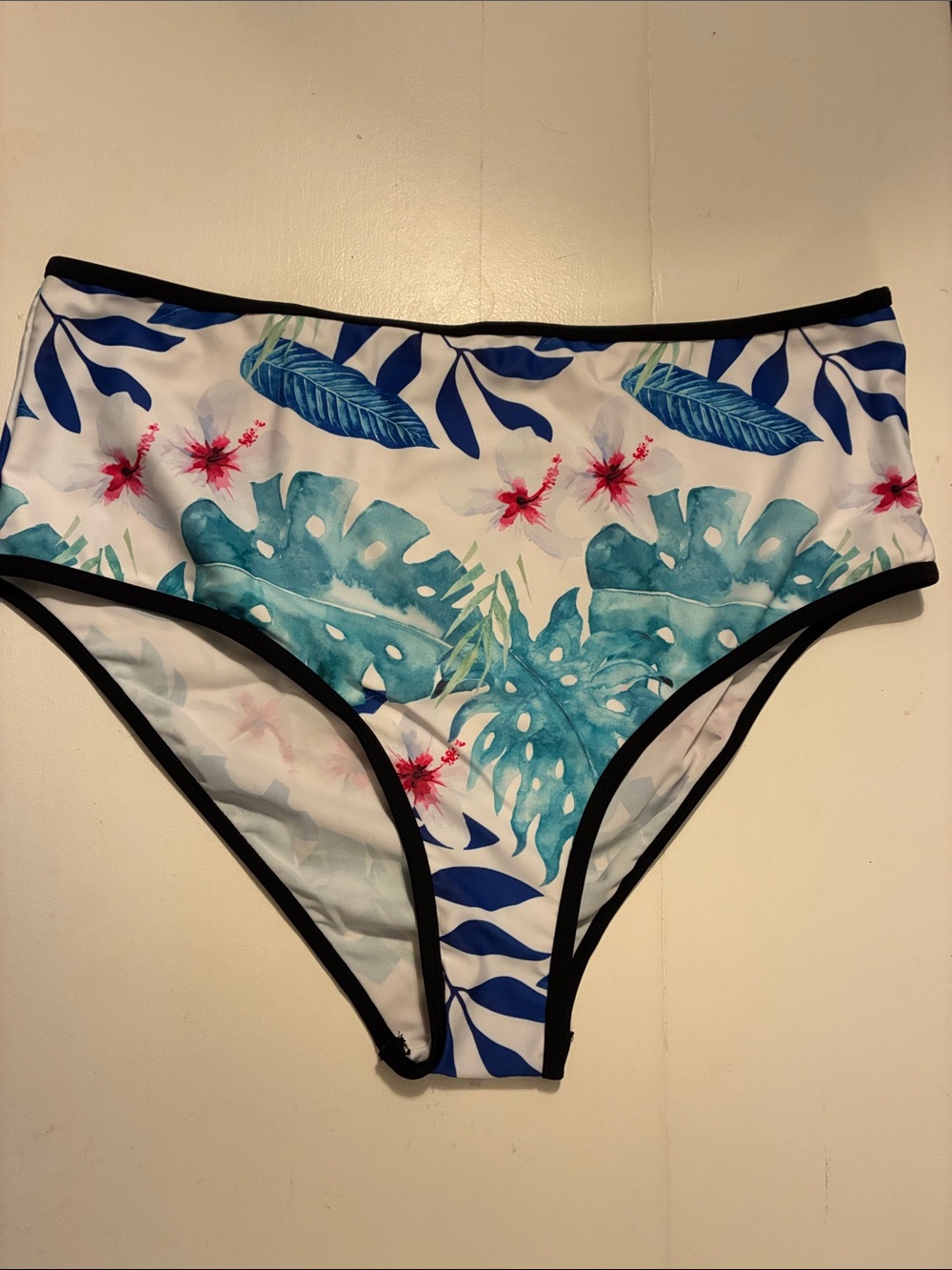 SHEIN White Tropical Leaf High-Waist Bikini Bottoms with Blue & Teal